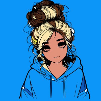 realistic girl with a massy bun and a hoodie