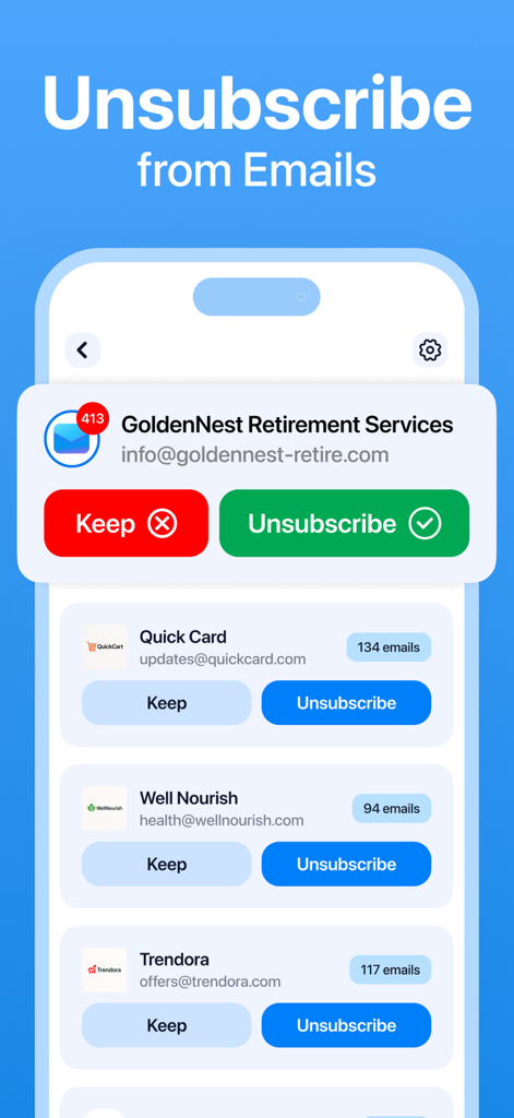 Cleanup app interface showing the unsubscribe from emails feature to declutter your inbox