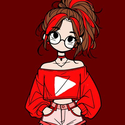 girl with a messy ponytail glasses a baggy crop top and jean shorts