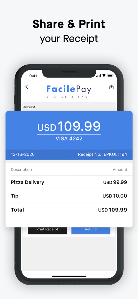 Mobile app interface showing a digital payment receipt for a pizza delivery with options to print or refund.