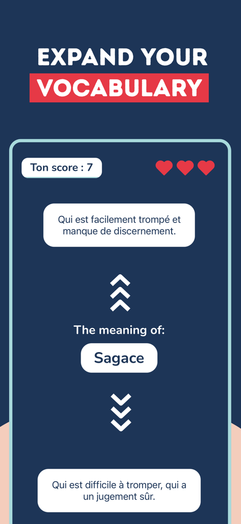 Un juego de aprendizaje de vocabulario francés que muestra un quiz de definición para la palabra Sagace