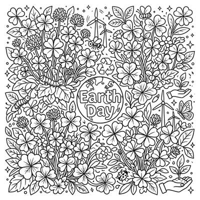 Dive into a beautiful coloring page bursting with lush clover patches and symbols of environmental care. This intricate design invites you to honor Earth Day with every stroke of color.