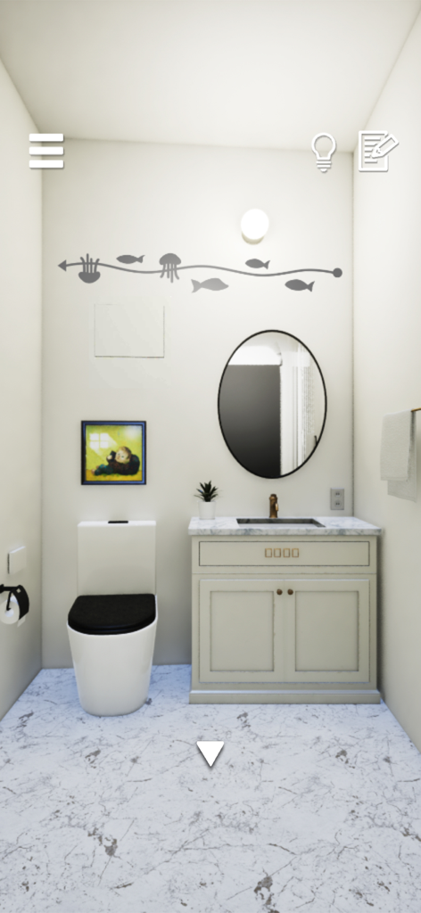 escape game: BLUE - A minimalist bathroom scene in the escape game BLUE featuring a white toilet, vanity, and sea-themed wall mural.