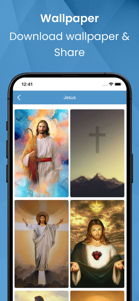 La Santa Biblia. Spanish Bible - Mobile app screen showing religious wallpapers of Jesus Christ and a cross for download and sharing