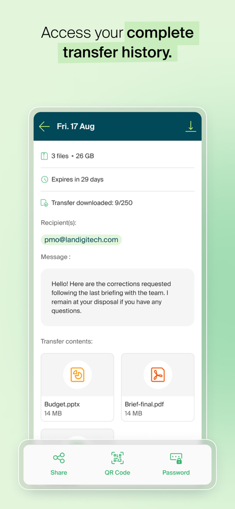 Infomaniak SwissTransfer - Interfaccia dell'app Infomaniak SwissTransfer che mostra una cronologia dettagliata dei trasferimenti di file, inclusi dimensioni del file, destinatario e stato del download