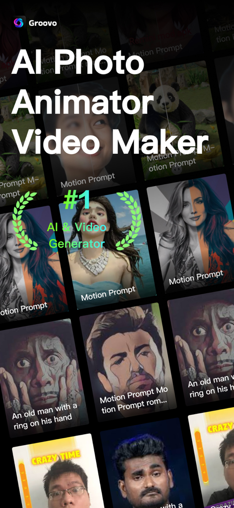Groovo: Meme Generator - Groovo app interface displaying AI photo animator and video maker features with various animated templates