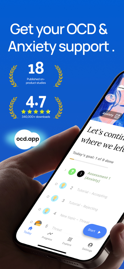 A hand holding a smartphone displaying the OCD.app interface with daily CBT goals and anxiety support ratings.