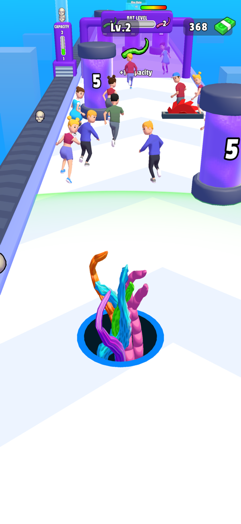 Alien Hole : Black Hole Games - Gameplay of Alien Hole showing colorful tentacles emerging from a black hole to capture human characters on a futuristic track.