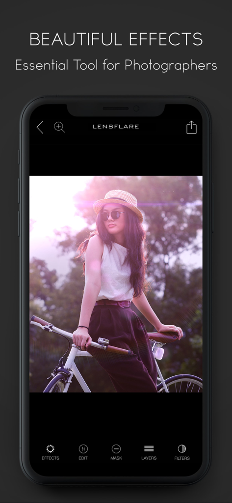 Interface of the LensFlare app showing a purple light flare effect applied to a portrait of a woman with a bicycle