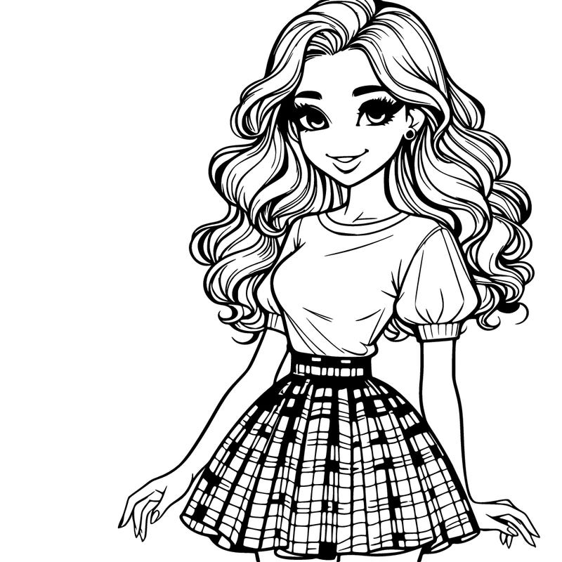 a realistic girl with long 50s wavy hair and a t-shirt with balloon sleeves and a checked mini skirt and beautifull smile