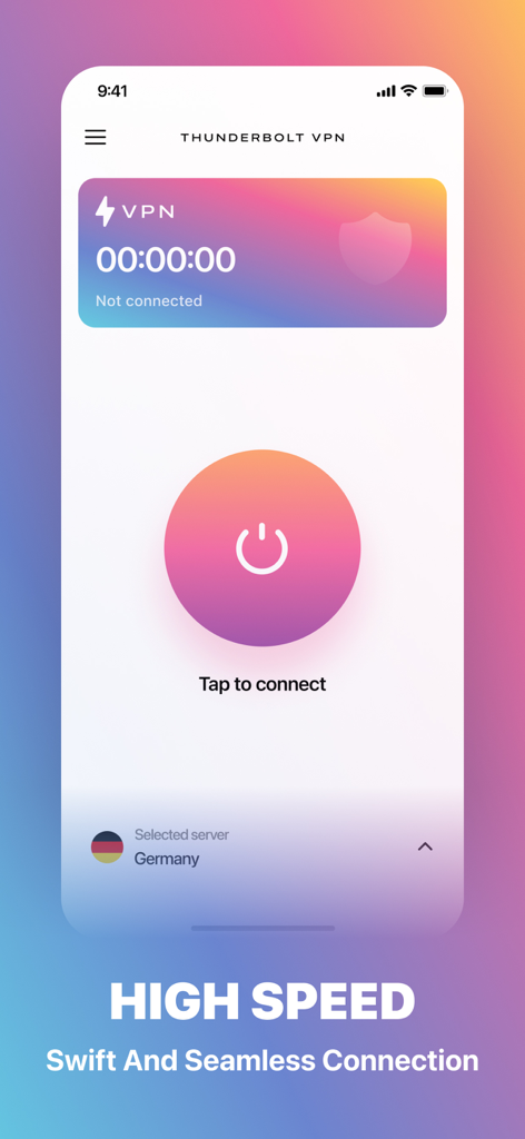 Interface de l'application mobile Thunderbolt VPN montrant un gros bouton pour se connecter et le texte de connexion à haute vitesse