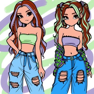 2 girls in crop tops and baggy jeans ripped
