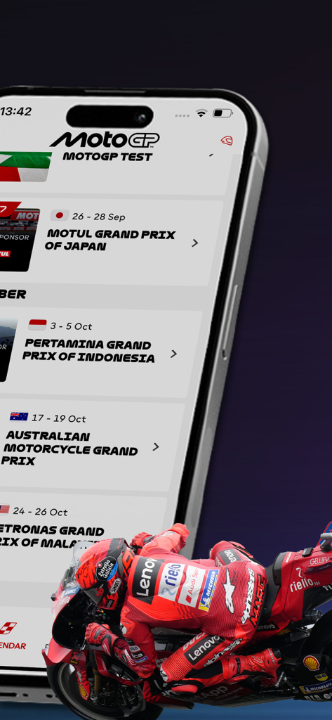 MotoGP-App-Oberfläche mit dem Grand-Prix-Rennkalender und einem professionellen Motorradfahrer