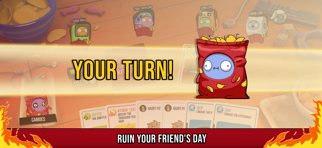Gameplay screen of Exploding Kittens 2 showing a Your Turn notification and a hand of quirky cards.