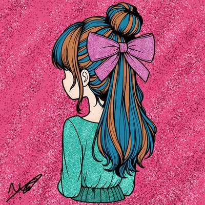 realistic girl  with hip length hair a bun and a big bow on the back of head