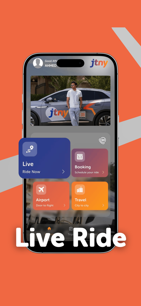 JTNY - Interface do aplicativo JTNY mostrando opções para reserva de corridas ao vivo e traslados para o aeroporto.