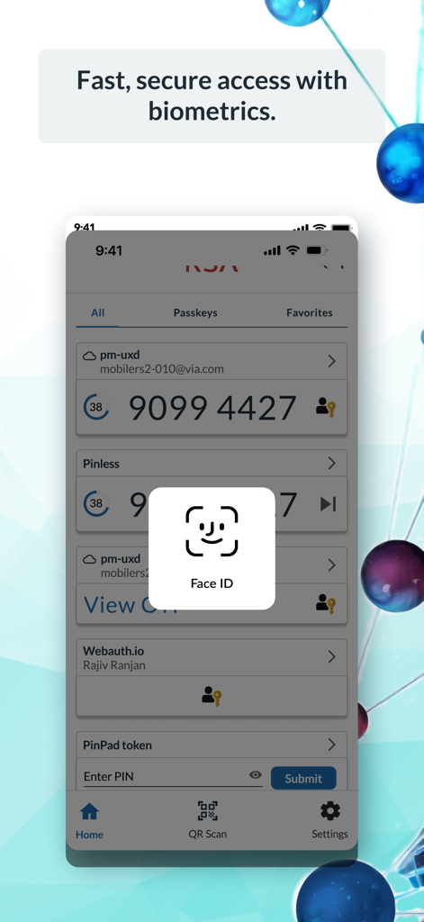 RSA Authenticator (SecurID) - Interfaccia dell'app RSA Authenticator che mostra una richiesta di accesso biometrico Face ID per un accesso aziendale sicuro