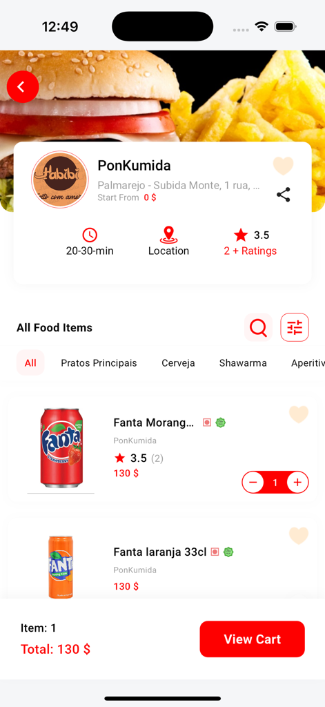 Mazoneat - 마조니트 모바일 앱에 음식 항목이 있는 레스토랑 메뉴와 결제 버튼이 표시됩니다.