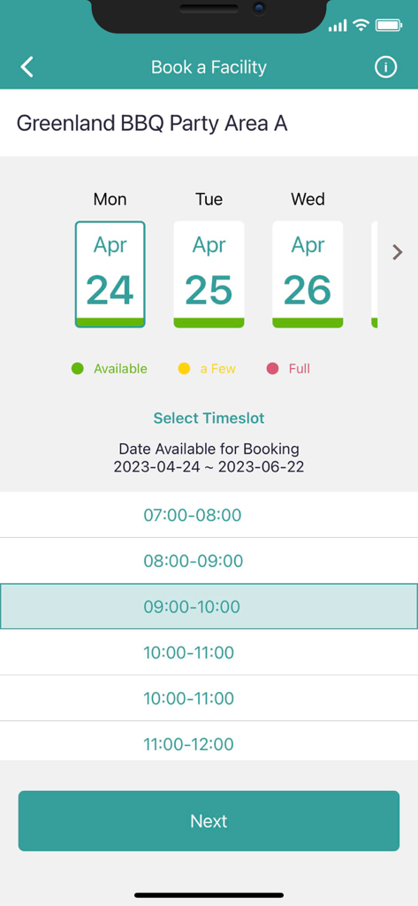 Pantalla de reserva de instalaciones en la aplicación Oasis Living que muestra un calendario y franjas horarias para un área de barbacoa