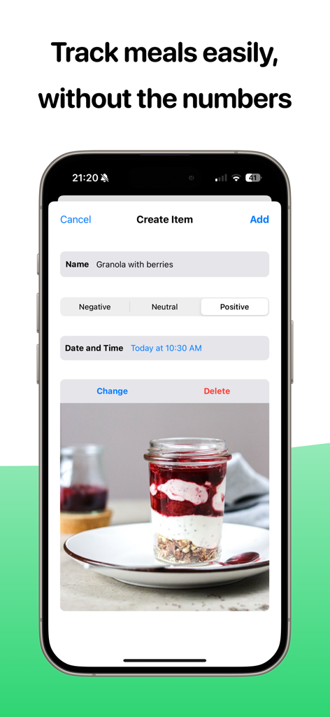 Simple Food Tracker - Meal logging screen in Simple Food Tracker app showing a photo of granola and berries with a positive rating