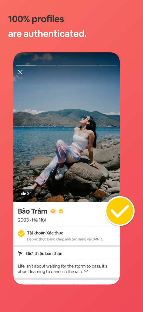 A screenshot of the YmeetMe dating app showing a verified user profile with an authentication badge and a scenic background photo.