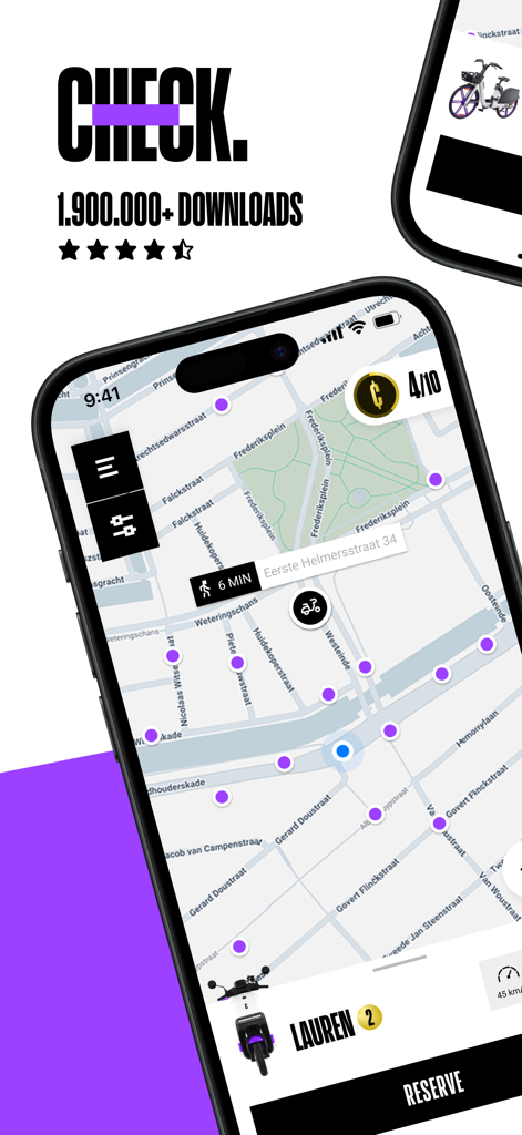 Interface of the Check shared mobility app showing available electric mopeds on a city map with a reservation button