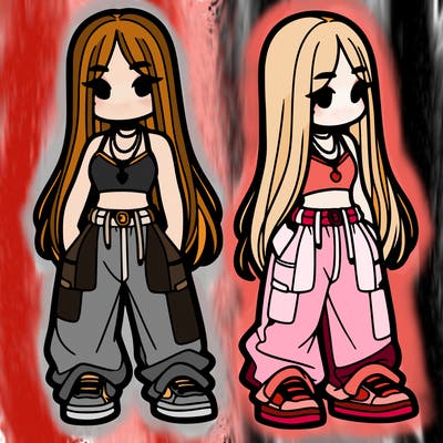 girl in baggy pants crop top and long hair