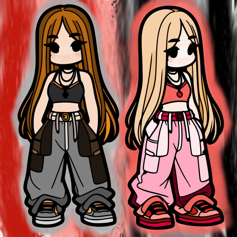 girl in baggy pants crop top and long hair