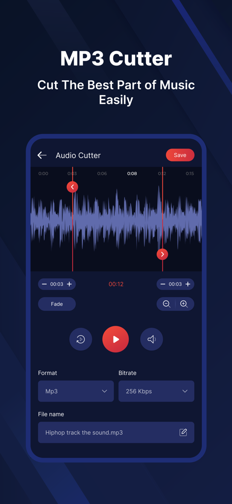 MP3 Converter & MP3 Cutter - A mobile interface for cutting MP3 files featuring a waveform display and audio trimming tools