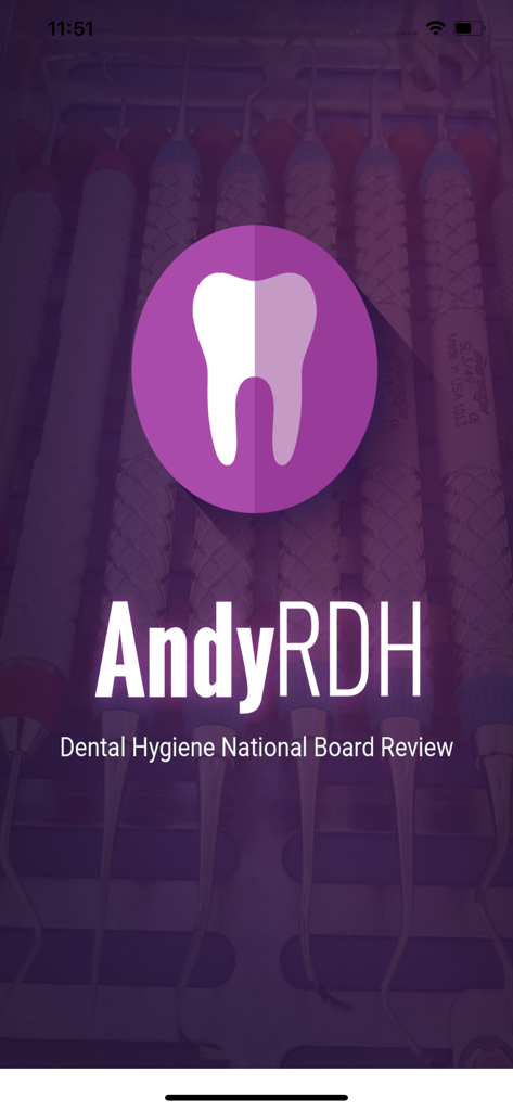AndyRDH Board Review for NBDHE - AndyRDH Dental Hygiene National Board Review splash screen with a tooth icon and dental tools background