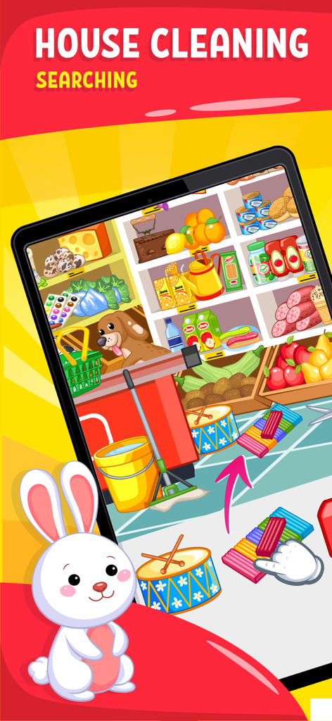 Juego educativo de limpieza del hogar para niños pequeños con objetos ocultos en estantes