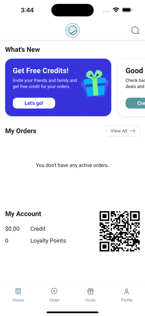 Load Laundromat - The home screen of the Load Laundromat mobile app showing the referral program and account loyalty points dashboard