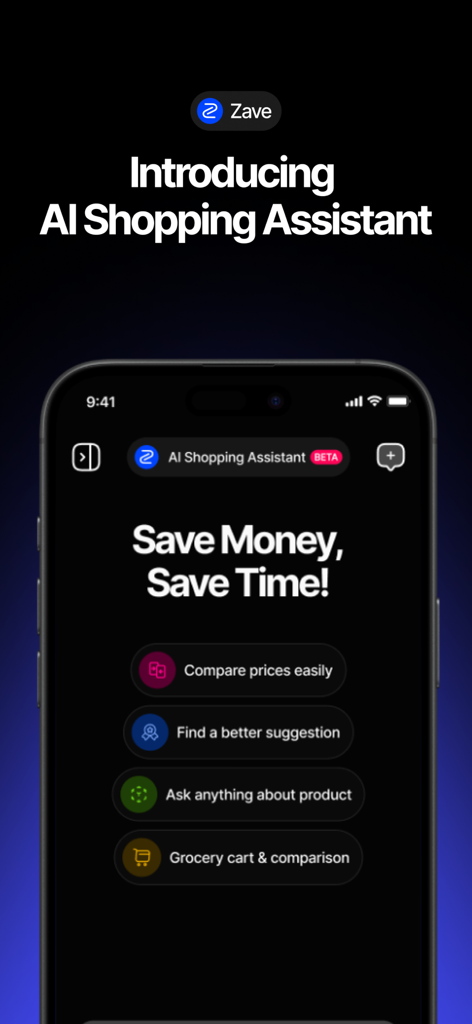 Zave: AI Shopping Assistant - Zave AI Shopping Assistant app interface displaying price comparison and product suggestion features