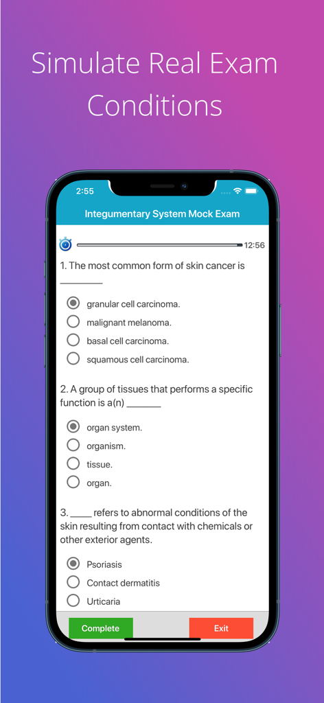 Interface of the Integumentary System Quizzes app showing a mock exam with questions on skin cancer and tissue biology