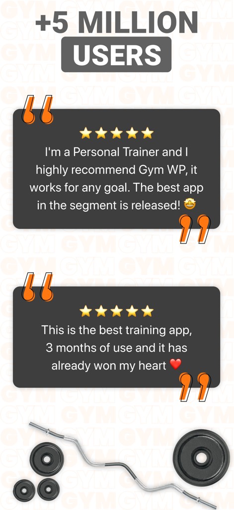 Screen displaying over five million users and positive five star reviews for the Gym WP workout planner app