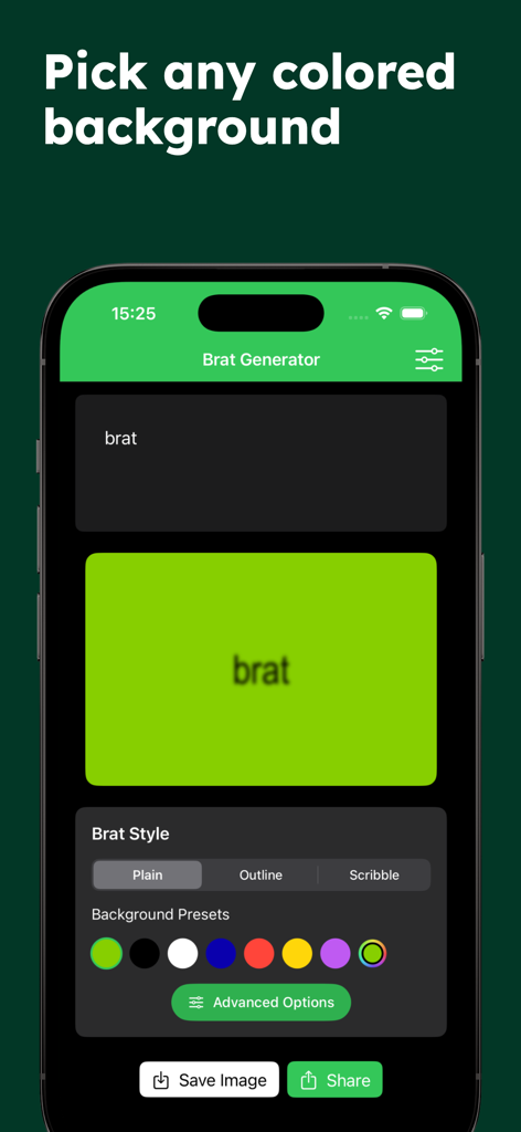 Brat Generator app interface showing background color presets and a live preview of the text on a lime green background