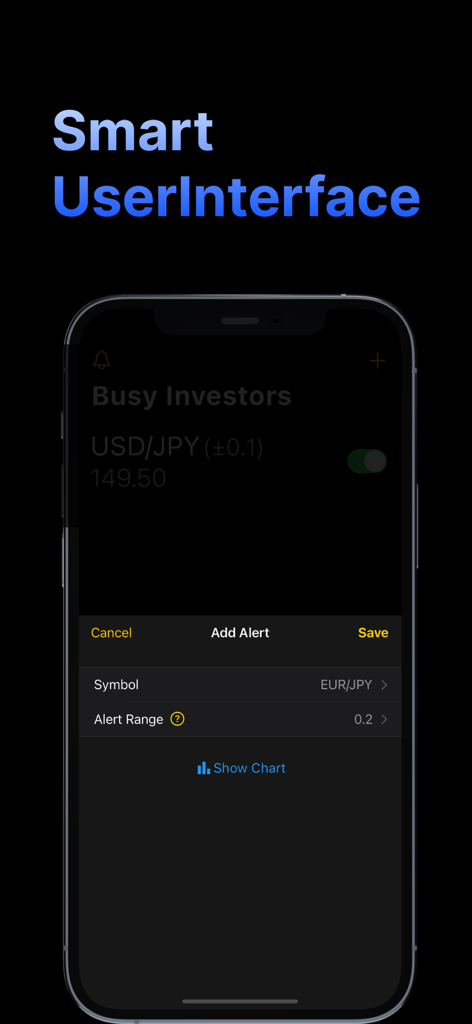 Price Alert - Forex & Crypto - 外国為替と仮想通貨の価格アラートを設定するためのスマートユーザーインターフェイスを示すスマートフォン画面