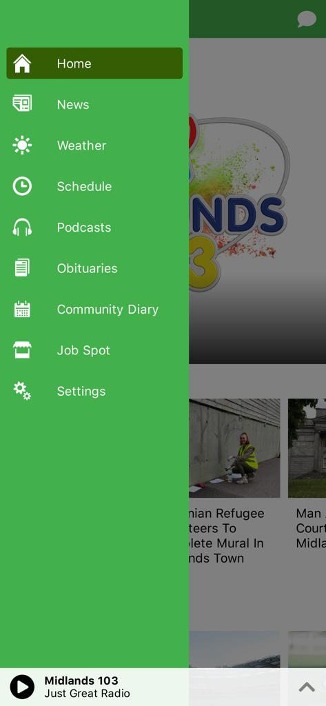 Midlands 103 - Side navigation menu of the Midlands 103 radio app showing links to news, weather, podcasts, and obituaries.