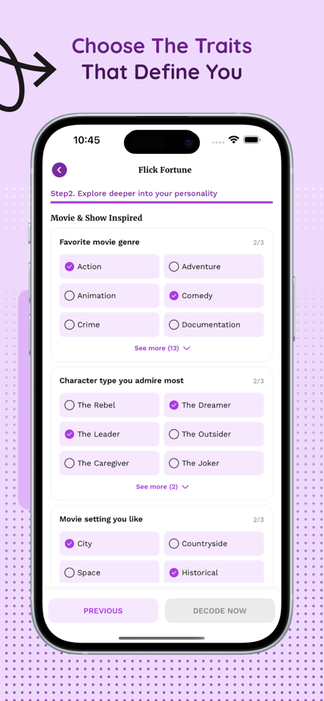 Bagga Calc: Flick Fortune Reel - Pantalla de aplicación móvil que muestra un cuestionario de personalidad basado en géneros de películas y tipos de personajes.