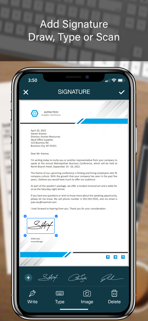 PRO SCANNER- PDF Document Scan - Tela do iPhone mostrando o recurso do aplicativo PRO SCANNER para adicionar uma assinatura digital a um documento PDF