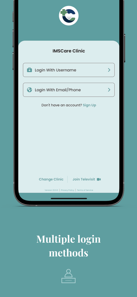 IMS Care - IMS Care app login screen showing options to login with username or email and phone number.