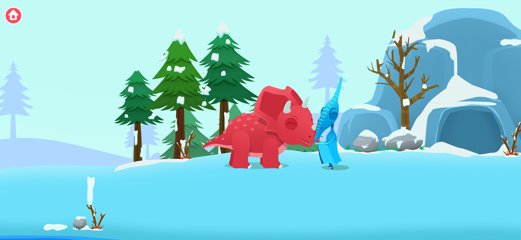 Dinosaur Park - Games for kids - 雪景色の中で、赤いトリケラトプスと青い翼竜が交流している様子。