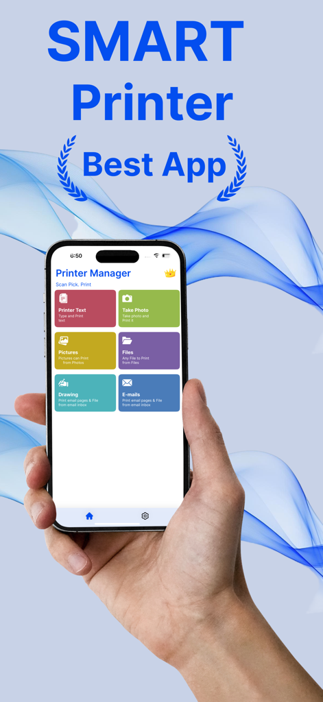 Smart Printer : Scanner App - Una mano sosteniendo un iPhone que muestra el panel de control de la app Smart Printer con opciones para imprimir texto, fotos, archivos y correos electrónicos