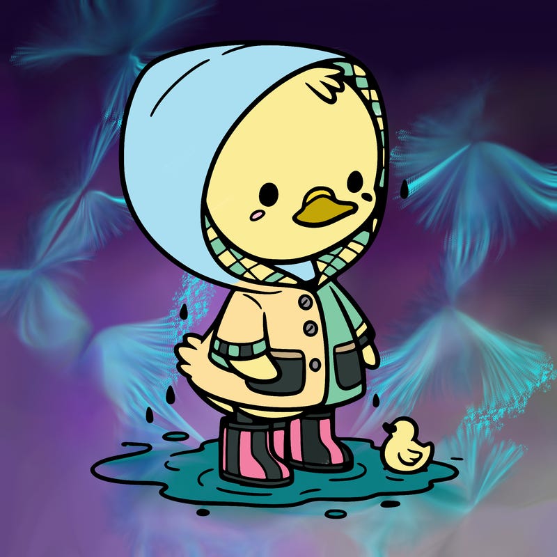 baby duck in a rain coat and boots, in a puddle while it’s raining