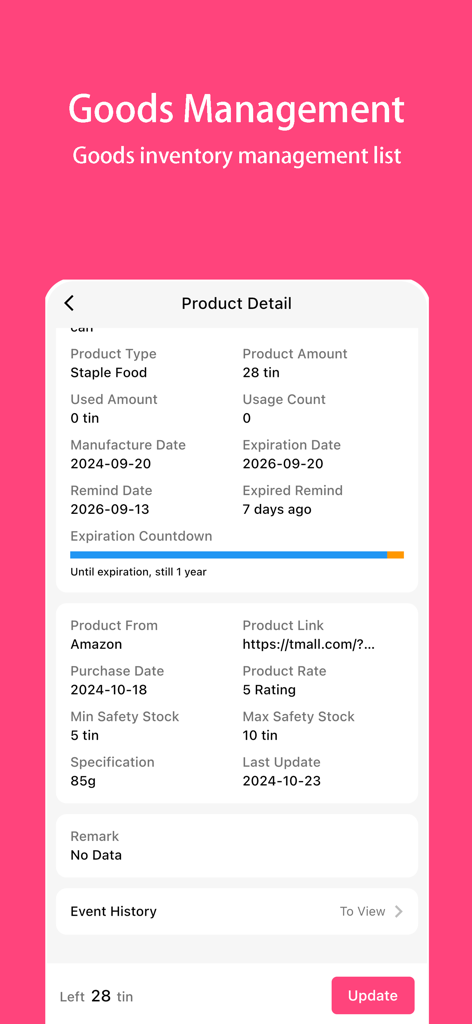 Pet Diary - Record Pet’s Life - Pet Diaryアプリのインターフェース。ペットフードの在庫を管理し、賞味期限を追跡する機能。