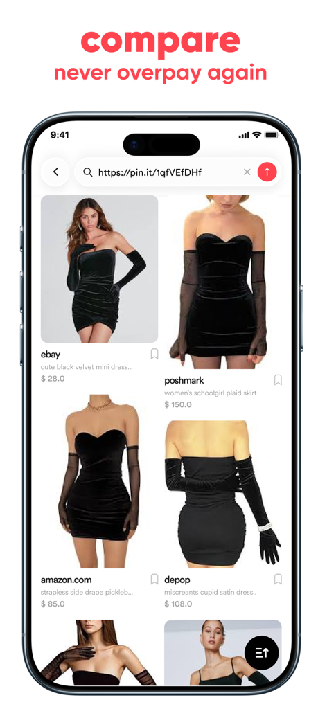 Écran de l'application mobile montrant la comparaison des prix d'une robe en velours noir sur plusieurs détaillants comme eBay et Amazon