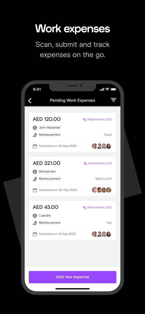 Screenshot of the Bayzat app showing the pending work expenses list with employee reimbursement requests for travel and team lunch