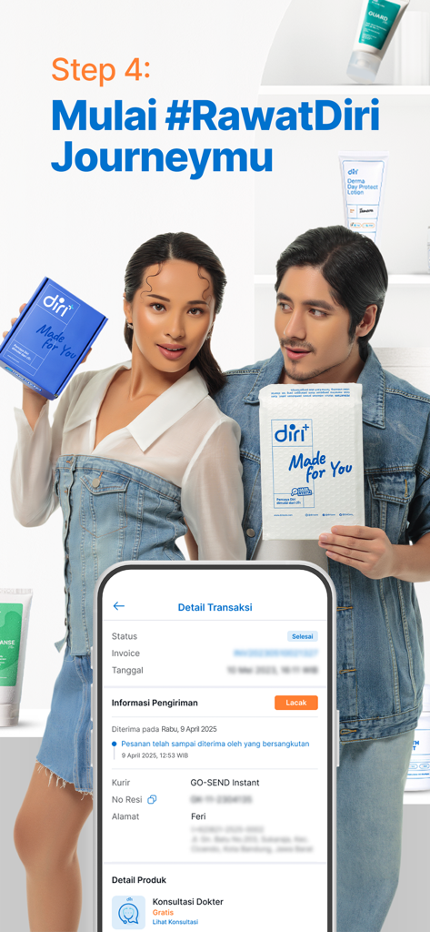 Ein Mann und eine Frau, die Diri individuell angepasste Hautpflegepakete halten, neben einem Smartphone-Bildschirm, der Bestelldetails zur Lieferung anzeigt.