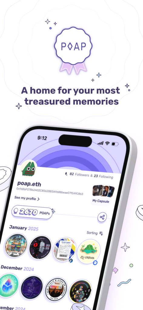 Captura de pantalla de la aplicación POAP Home que muestra el perfil de un usuario y una colección de insignias digitales de asistencia.