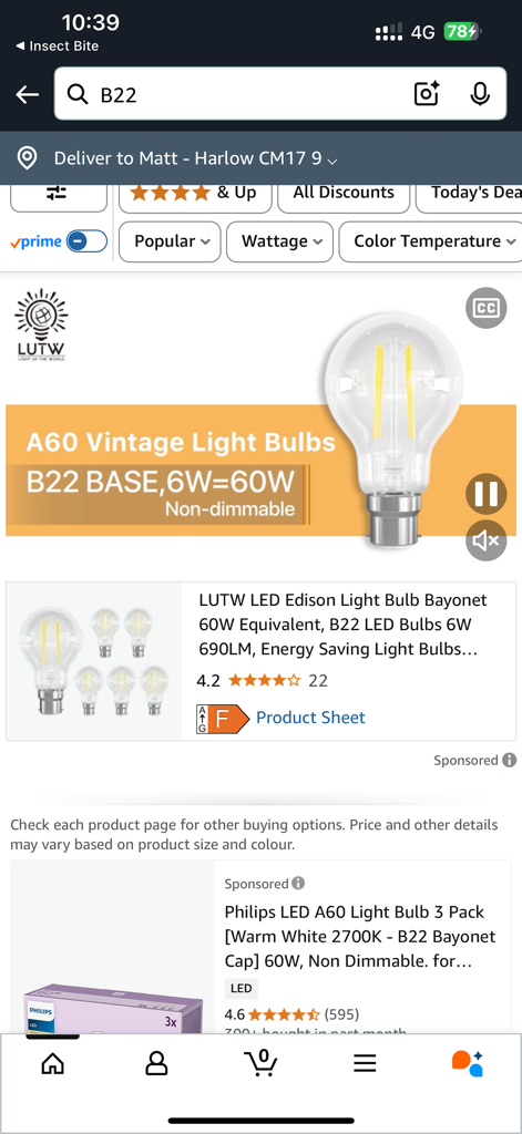 Light Bulb & Lamp Identifier - Amazon product search results for B22 LED light bulbs showing prices and ratings